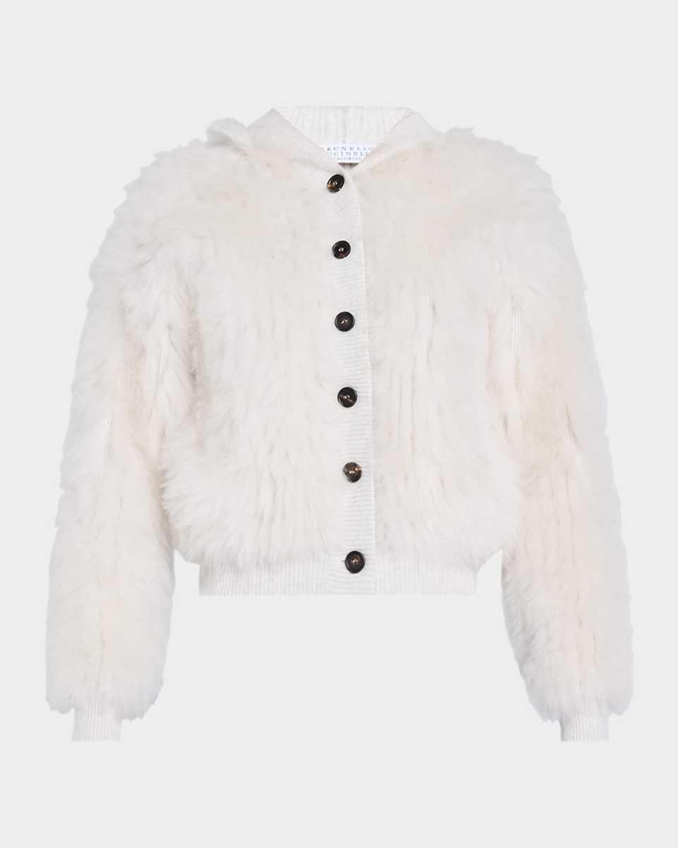 Faux-Fur Cashmere Hooded Button Cardigan